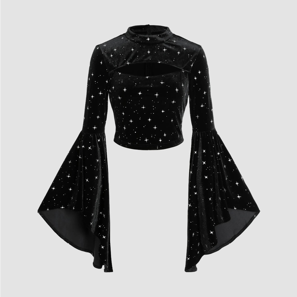 CIDER Black Velvet Star Pattern Bell Sleeve Crop Top with Cutout